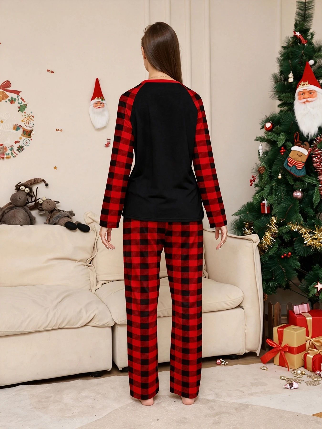 Family Christmas Pajamas Matching Parent-child Sleepwear Black Red Plaid Long Sleeve Santa Claus Print Xmas Gift Men Women Kids