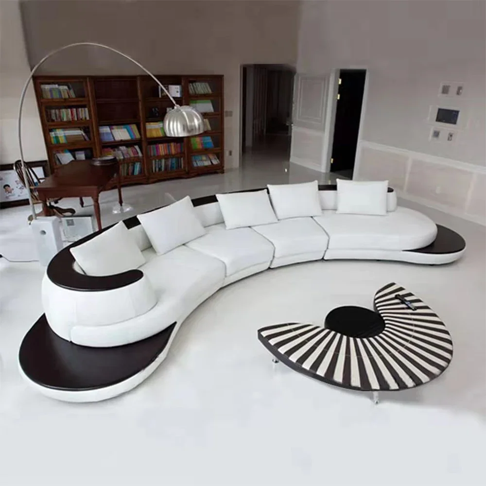 

Luxury Modern Curved Genuine Leather Sofa Sectional Couch White and Black Design Living Room Contemporary Home Decoration