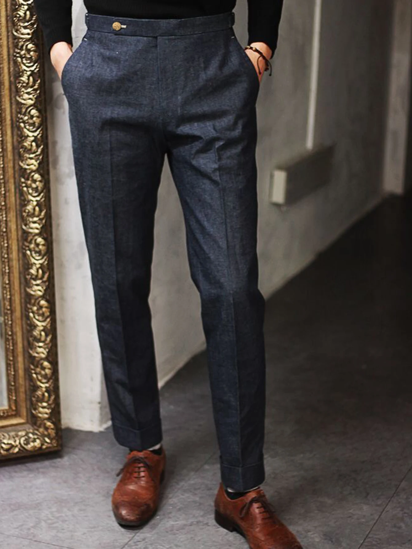 

Мужские классические брюки с высокой талией, осень-зима, новый стиль, элегантные итальянские неаполитанские облегающие плиссированные повседневные деловые джинсы на пуговицах