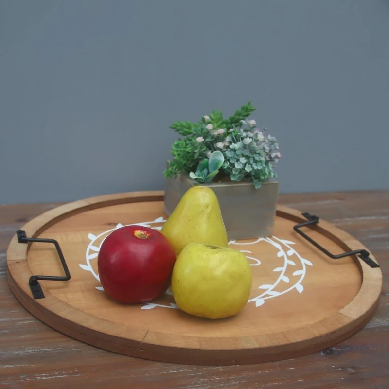 Wooden round tray with metal handle Decorative tray
