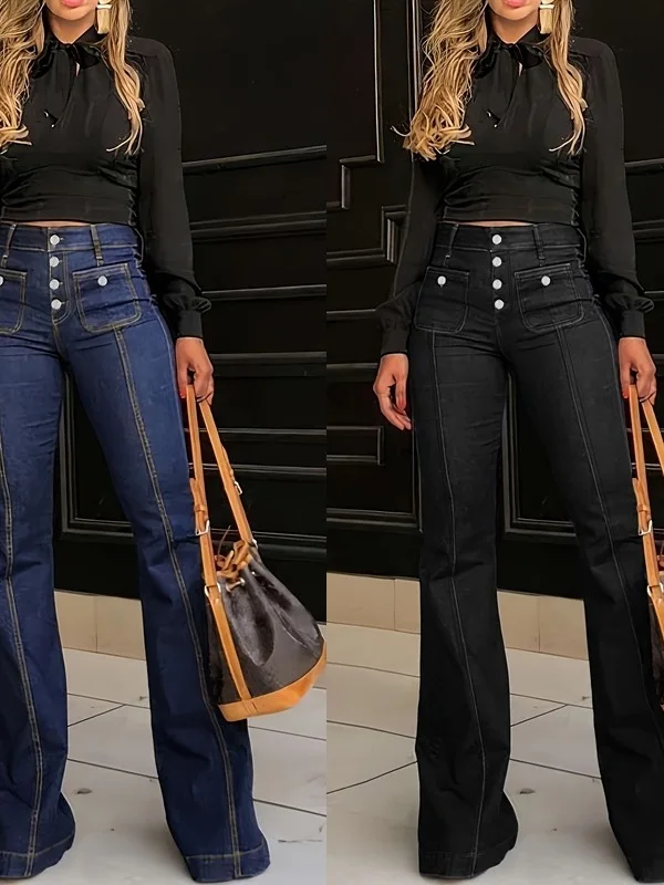 

Slimming High Waist Bell Bot Jeans Women's Faion Spring Autumn Patchwork Color Slightly Stretchy Micro Flared Pants