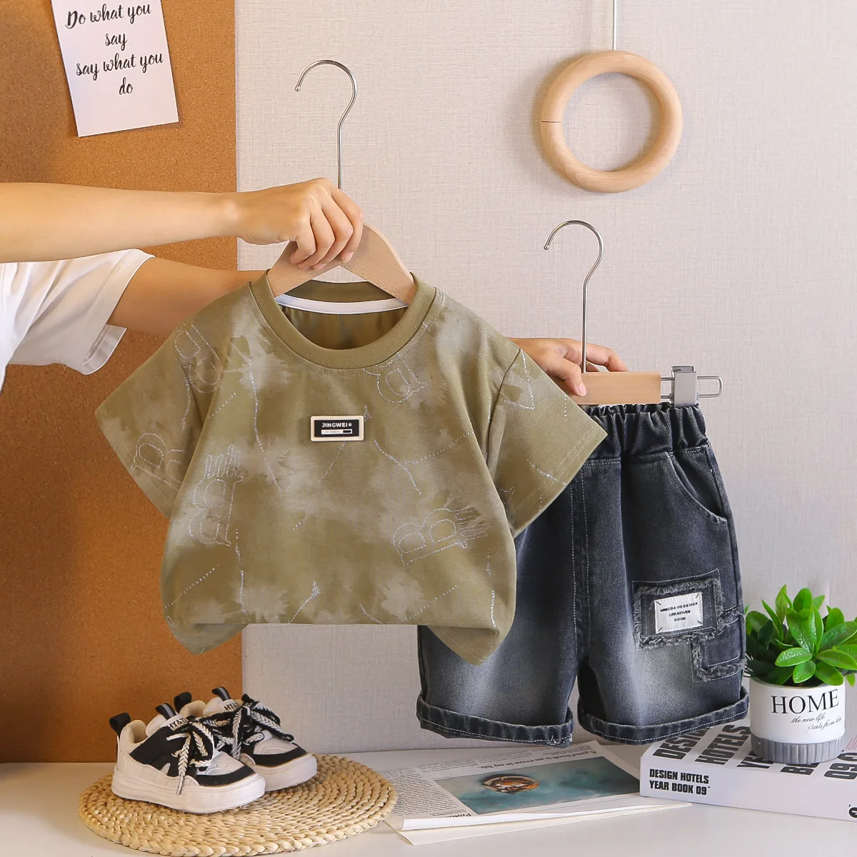 Boys Summer Set 2026 New Kids Clothes Tie Dye Letter Print T-shirt & Denim Shorts 2PCS Outfit Trend Streetwear for Little Boy