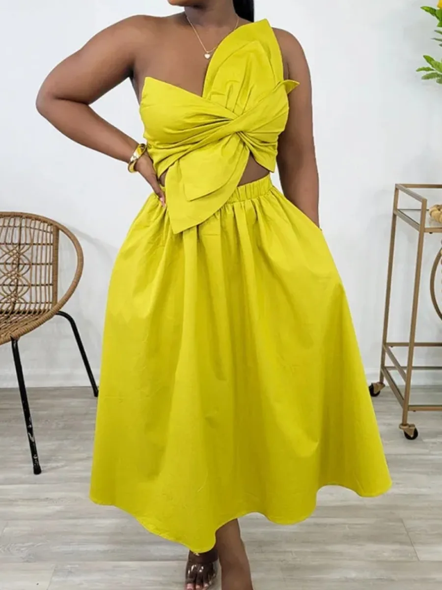 

LW Plus Size Knot Solid Color Dress Women One Shoulder Dresses Sleeveless Dress Ankle Lenth Dress Elegant Dresses A Line Dresses