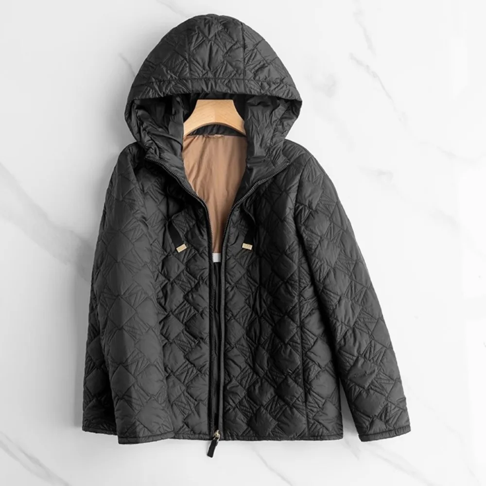 Light Down Jacket Women\'s Short Hooded White Duck Down Coat Fashion Big Brand 2024 New Winter American Spring Hooded Plaid