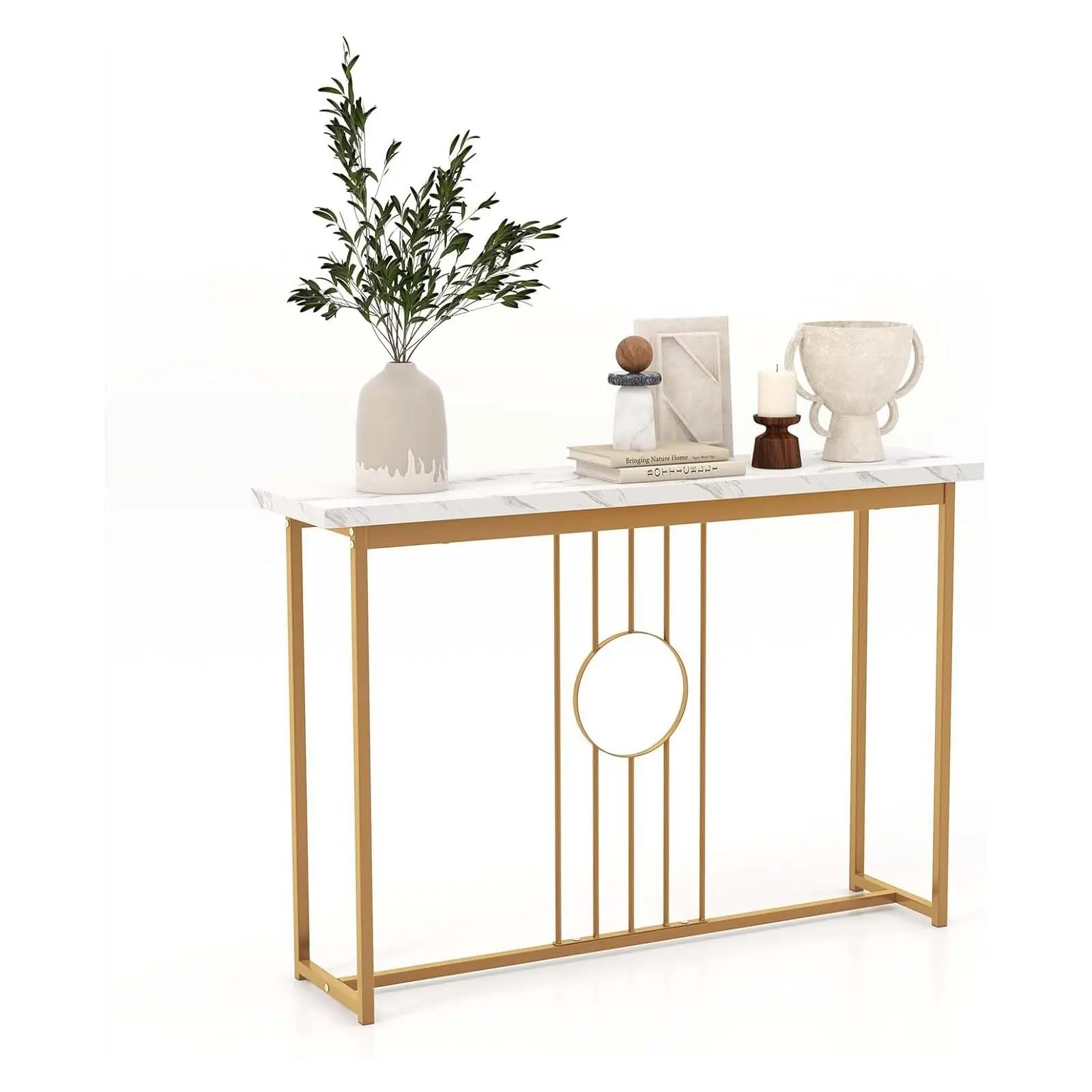 Konsolentisch im Marmoroptik, schmaler Beistelltisch mit Metallrahmen und verstellbaren Fußpolstern, Flurtisch, Sofatisch, modern