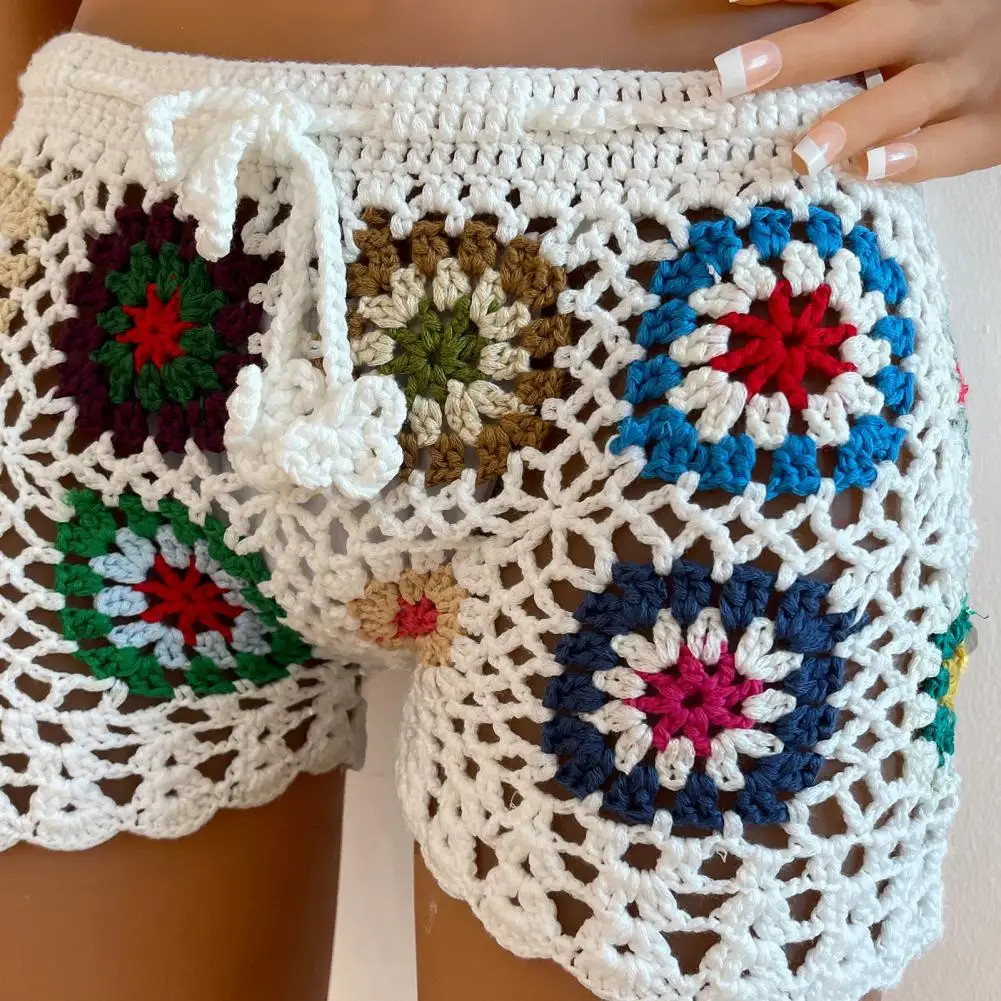 Women Crochet Beach Shorts Slim Fit Hollow Out Vacation Shorts Colorful Print Drawstring Elastic Waist High Waist Short