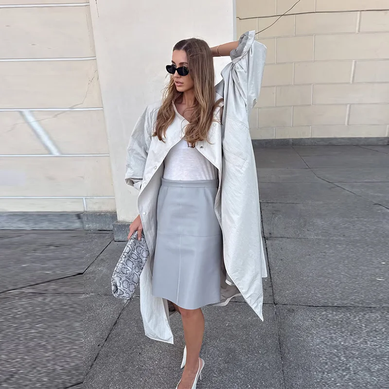 Stehkragen Langer Einfarbiger Damen-Trenchcoat Langarm Doppelreihig Locker Geschnittener Damen Frühling Herbst Mode Lässige Damenjacke 2026 – Detail 6