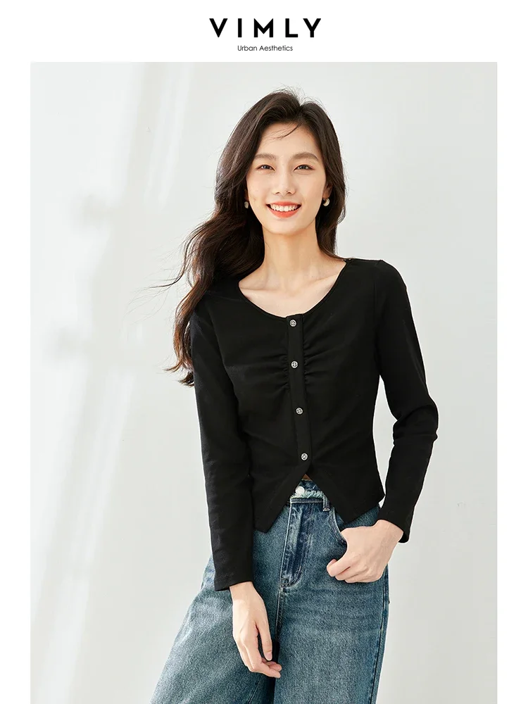 Vimly Gathered Slim Black T-shirts for Women 2023 Autumn Fall Fashion New Casual Long Sleeve Tops Solid Base Tee Shirt M3280