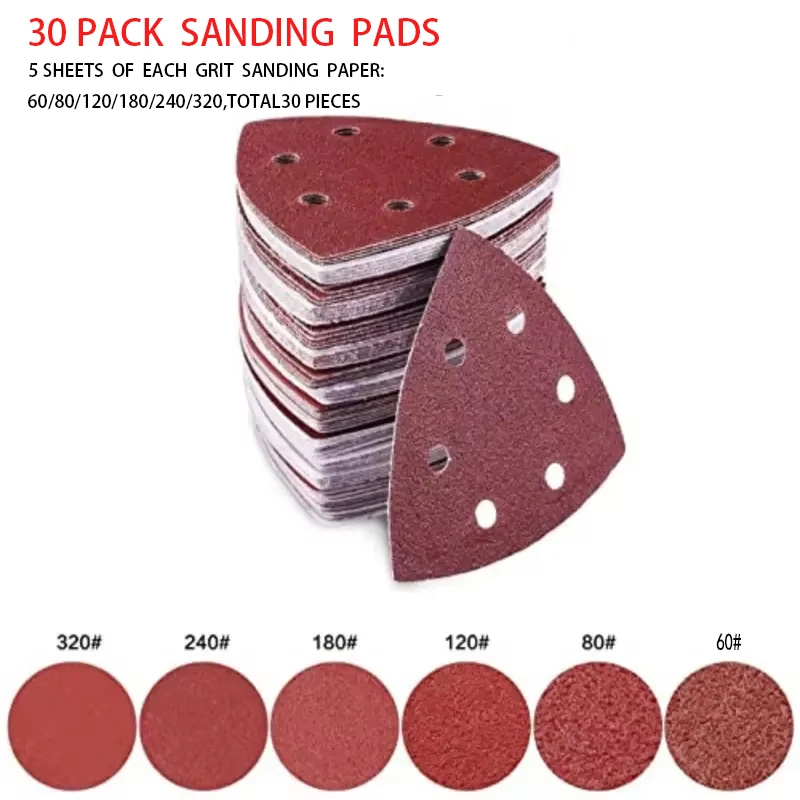 30 stks Driehoek Schuurpads Muis Schuurmachine Pads Schuurpapier Met 6 Gaten 60/80/120/180/240/320 Grits Voor Delta Sanders/Multi-Sanders