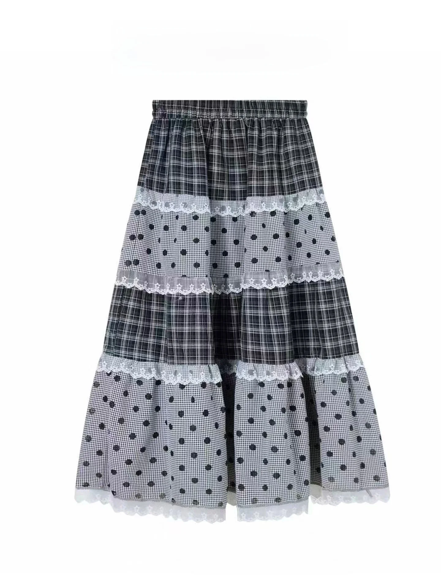 

Summer Versatile Plaid A-Line Midi Skirt Women's Lightweight Multi-layer Lace Trim Half-length Spring Autumn Seasonal Swing S...