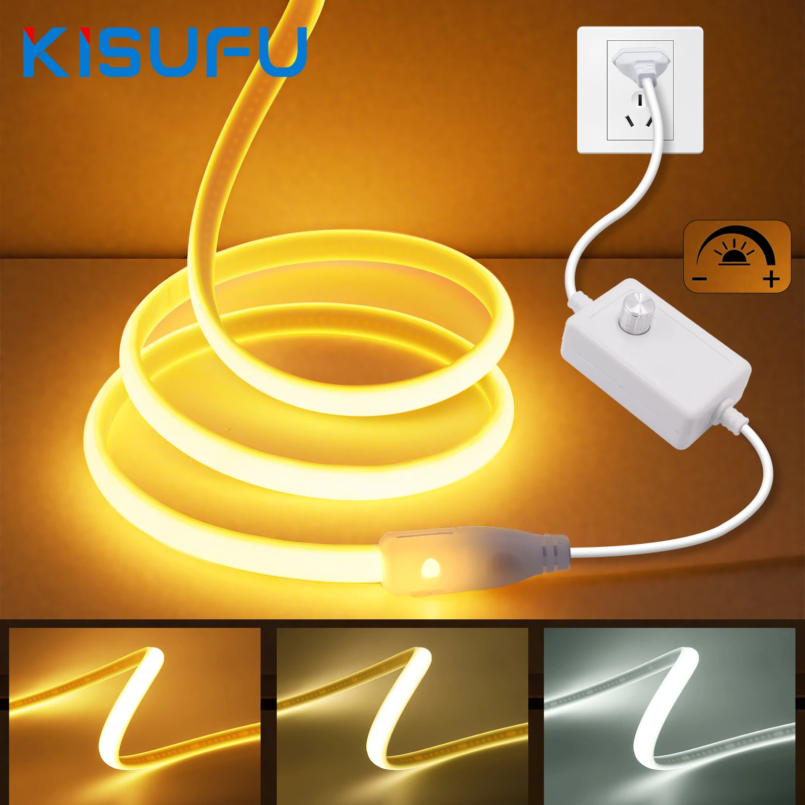 

288LEDs/m Dimmable COB Neon Strip Light 220V Switch/Dimmer EU Plug Super Bright Flexible Milk Ribbon Tape Room Kitchen Lighting