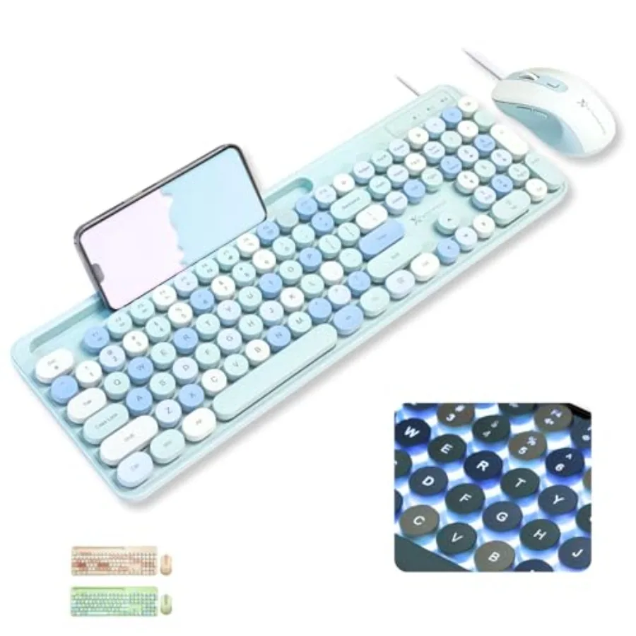 

Retro Typewriter Round Keycaps Wired Keyboard and Mouse Combo with Backlight for Phone Tablet Laptop PC Chromebook 109 Fullsize