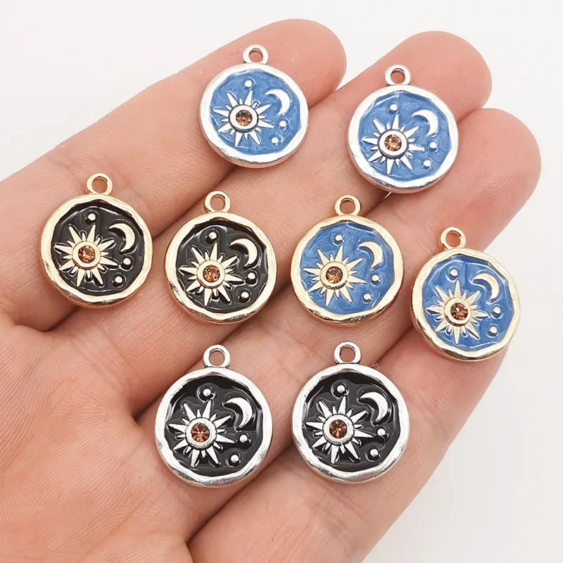 5pcs 21*17mm Round Enamel Sun Moon Star Tarot Card Charms Zinc Alloy Pendant For DIY Necklace Earring Jewelry Making Accessory