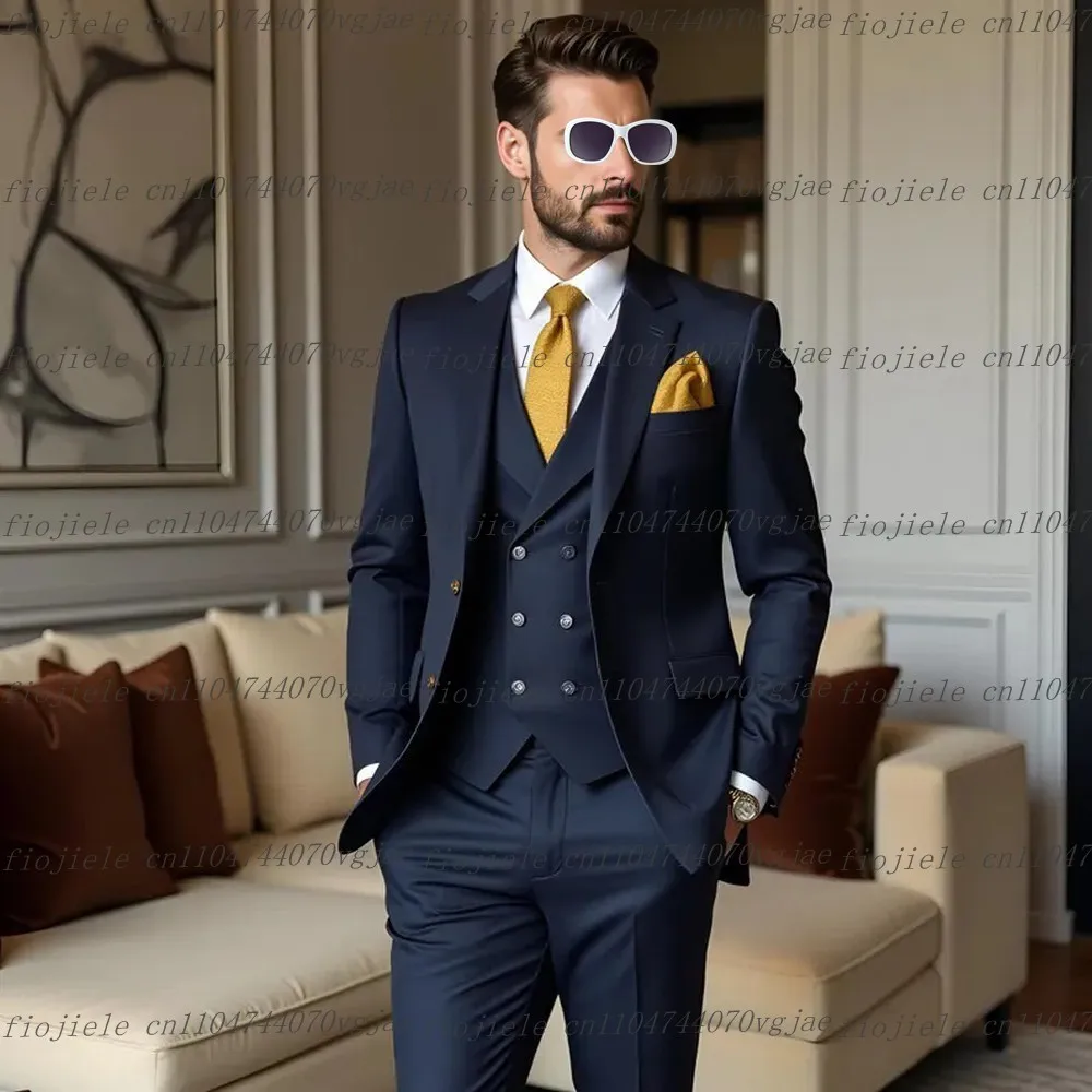 

Новый темно-синий мужской костюм для официальной свадьбы, жениха, жениха, жениха, деловые мужские смокинги по индивидуальному заказу, комплект из 3 предметов, куртка, жилет, брюки