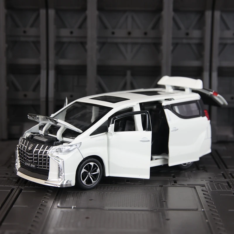 1:32 modelo de liga de veículo comercial Toyota Alphard MPV, portas e capô do motor, porta-malas pode ser aberto com brinquedos