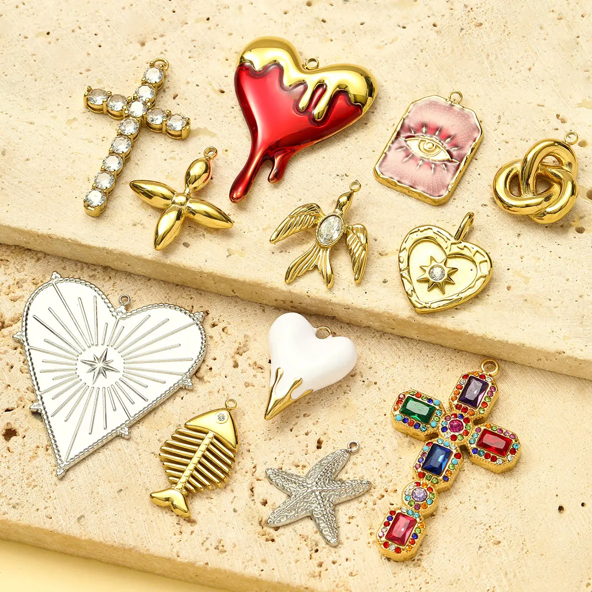 3pcs/Lot Stainless Steel Enamel Love Heart Diy Charm Women Evil Eye Cross Necklace Pendant Swallow Fish Bone Jewelry Wholesale