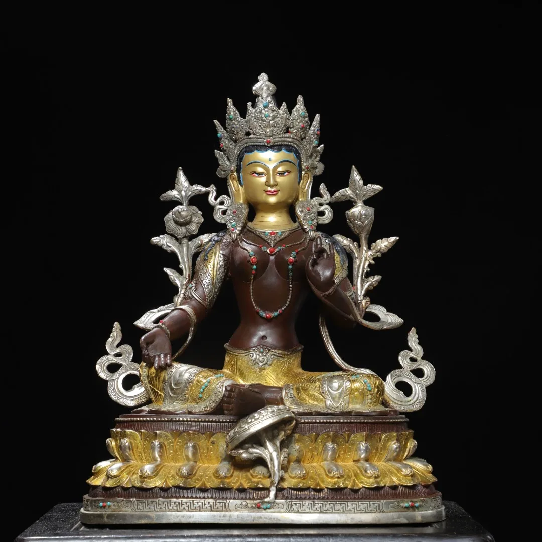 Tibetan brass gilt silver painted face drawing antique Guanyin green Tara Buddha statue home hall offering supplies ornament 45c