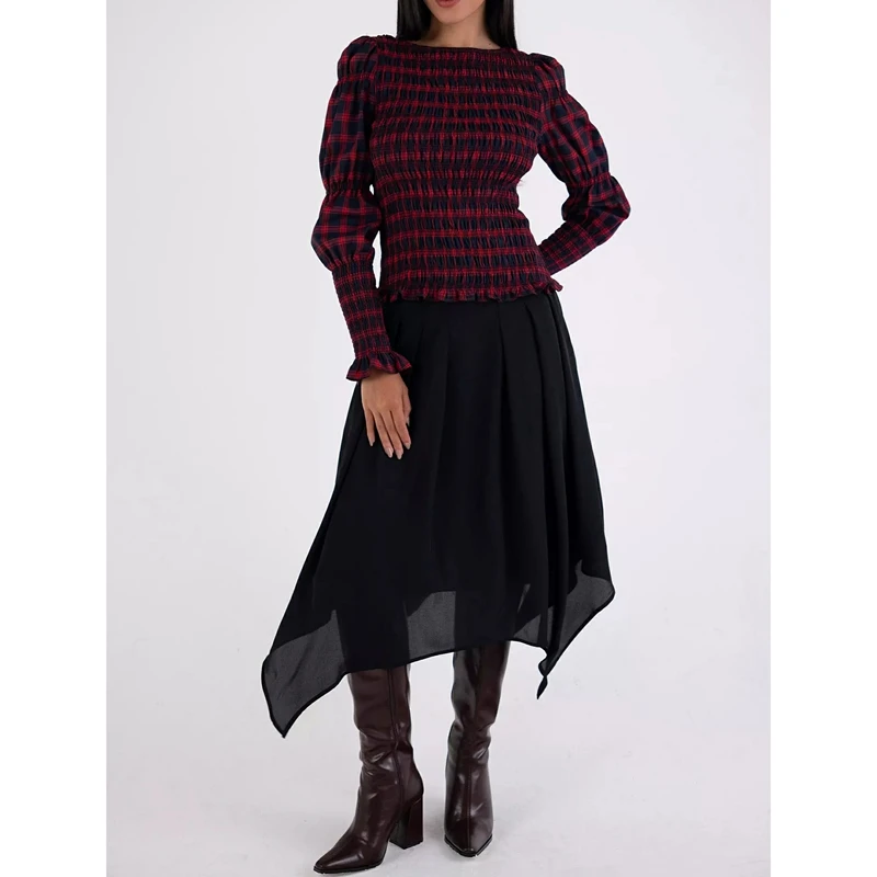 Women's Y2k Vintage Plaid Print Frill Trim Tops Ruffled Flare Puff Long Sleeve Boat Neck Slim Shirred Smocked Blouse