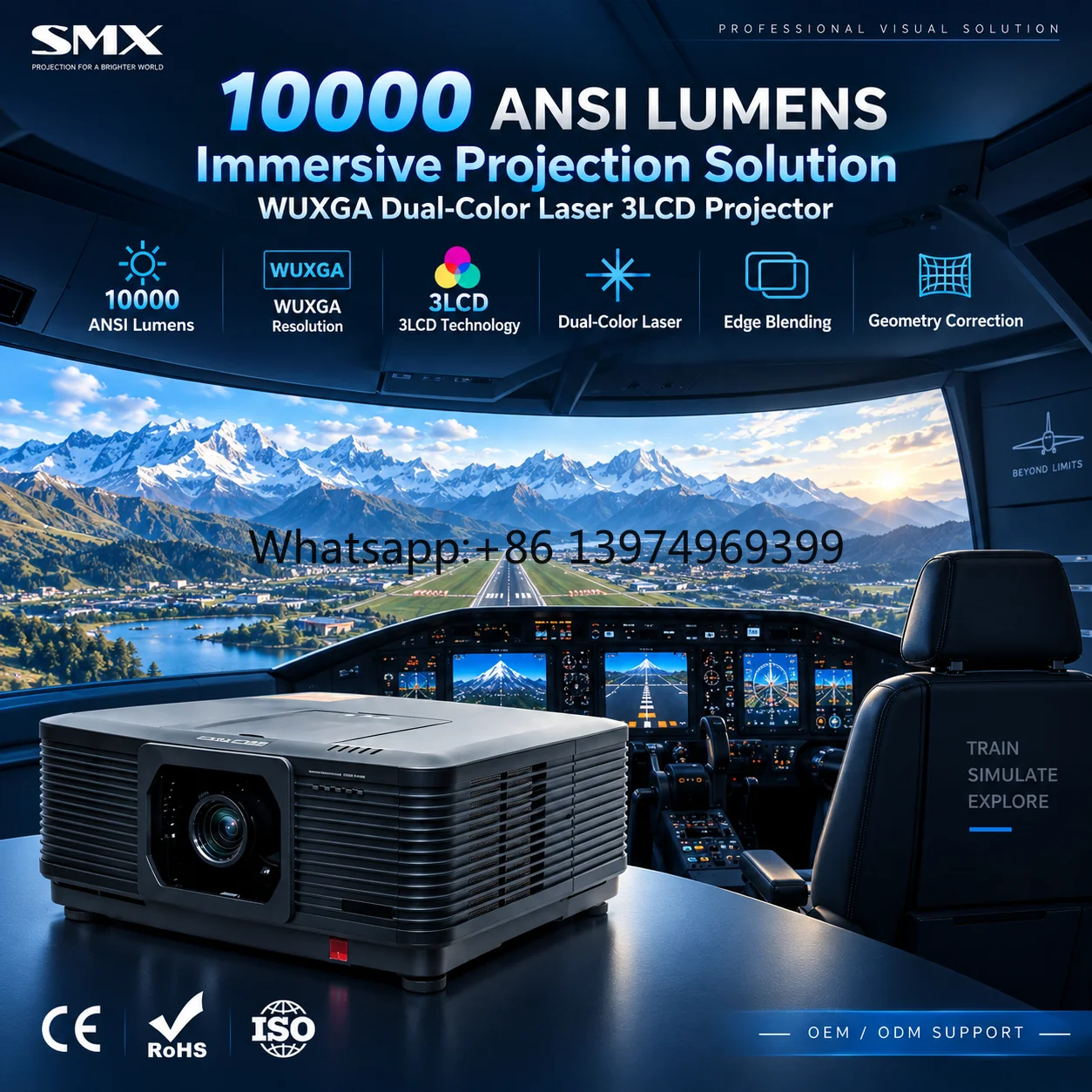 Immersive Projection System Projector 10000 ANSI Laser with Edge Blending Geometry Correction for Flight Simulator