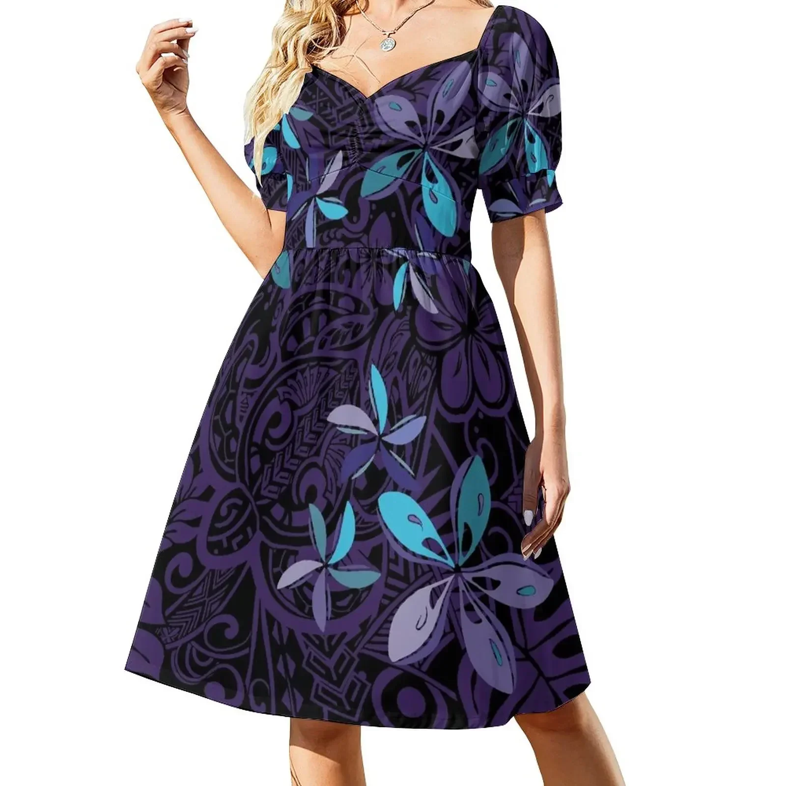 

Hawaiian Purple Tiare Tribal Jungle Print Short-Sleeved Dress summer clothes for women Dresses for wedding party Dress