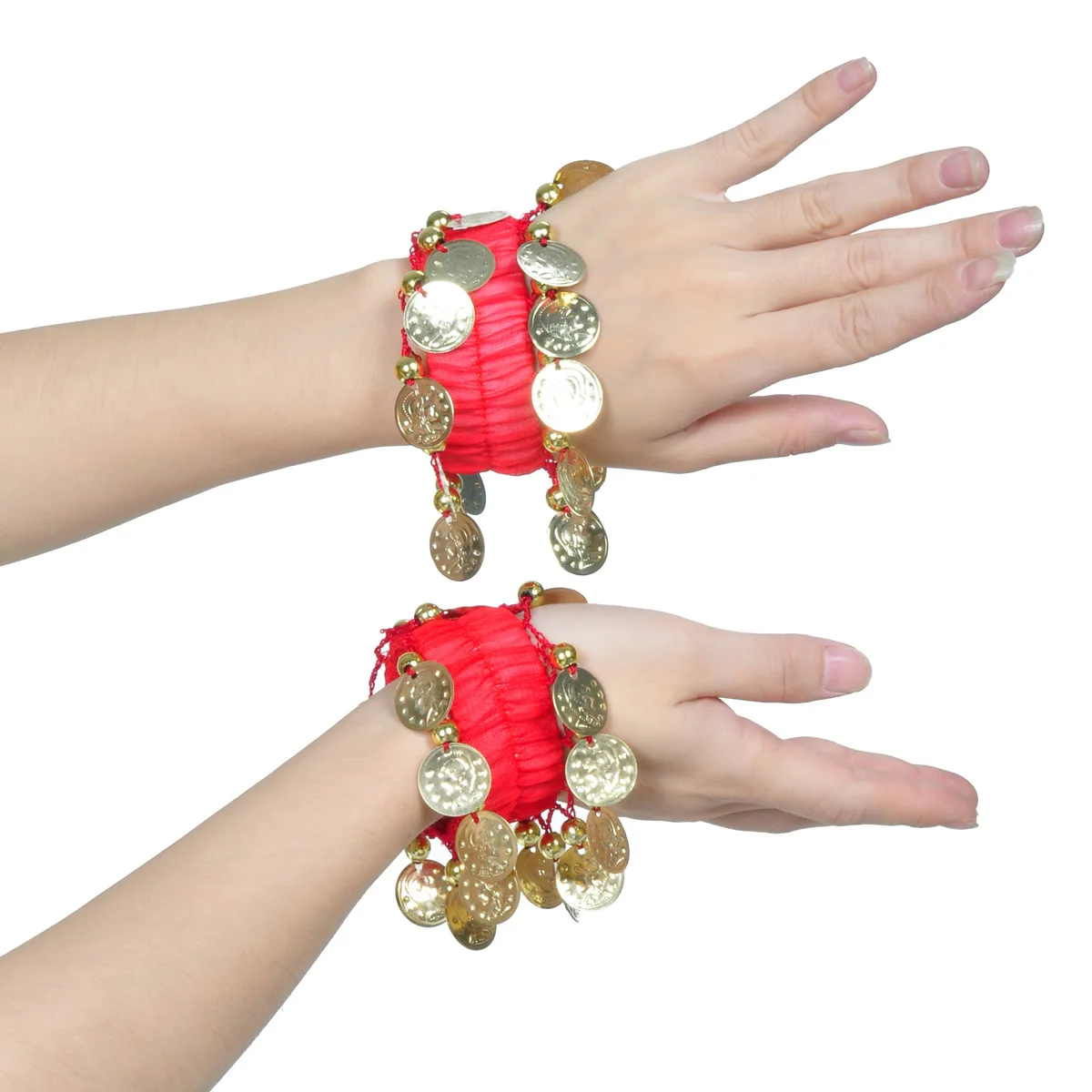 1 Pair Belly Dance Wrist Ankle Cuffs Bracelets Chiffon Gold Coin Belly Dance Costume Accessory Valentine\'s Day Gift Jewelry