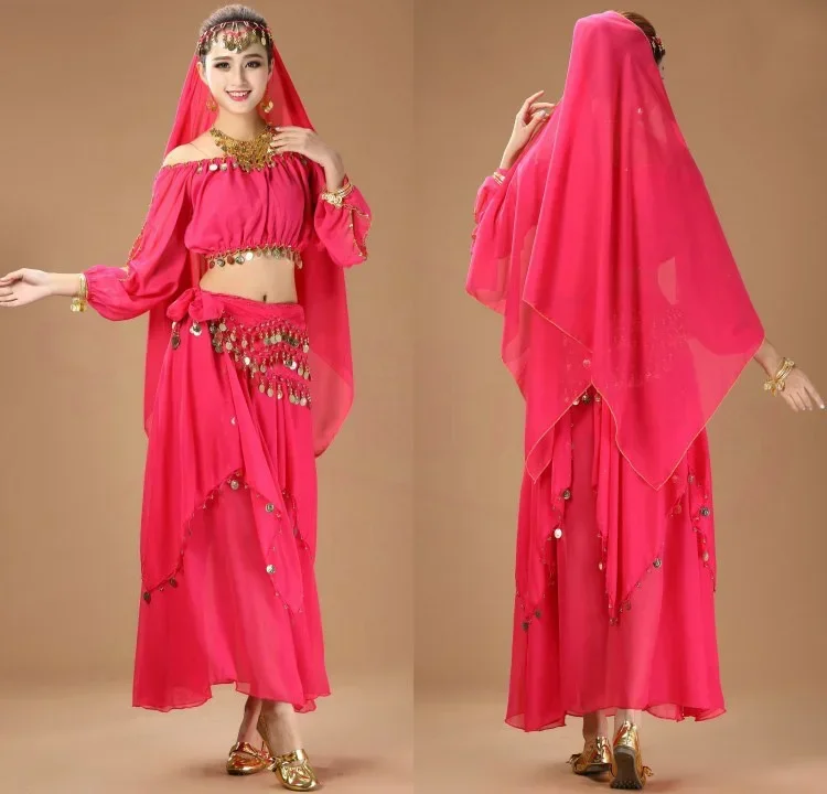 Skirt Indian Dance Wear Suit For Women Purple Dancing Clothes Adult Belly Dance Costume Set Chiffon Coin Long Sleeves Top And