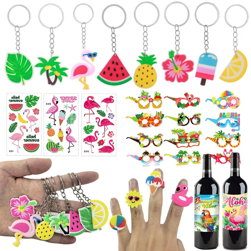Hawaii Party Favors Mini Pineapple Flamingo Key Chains Paper Glasses Tattoo Stickers Straws Candy Bags Fillers Hawaii Supplies