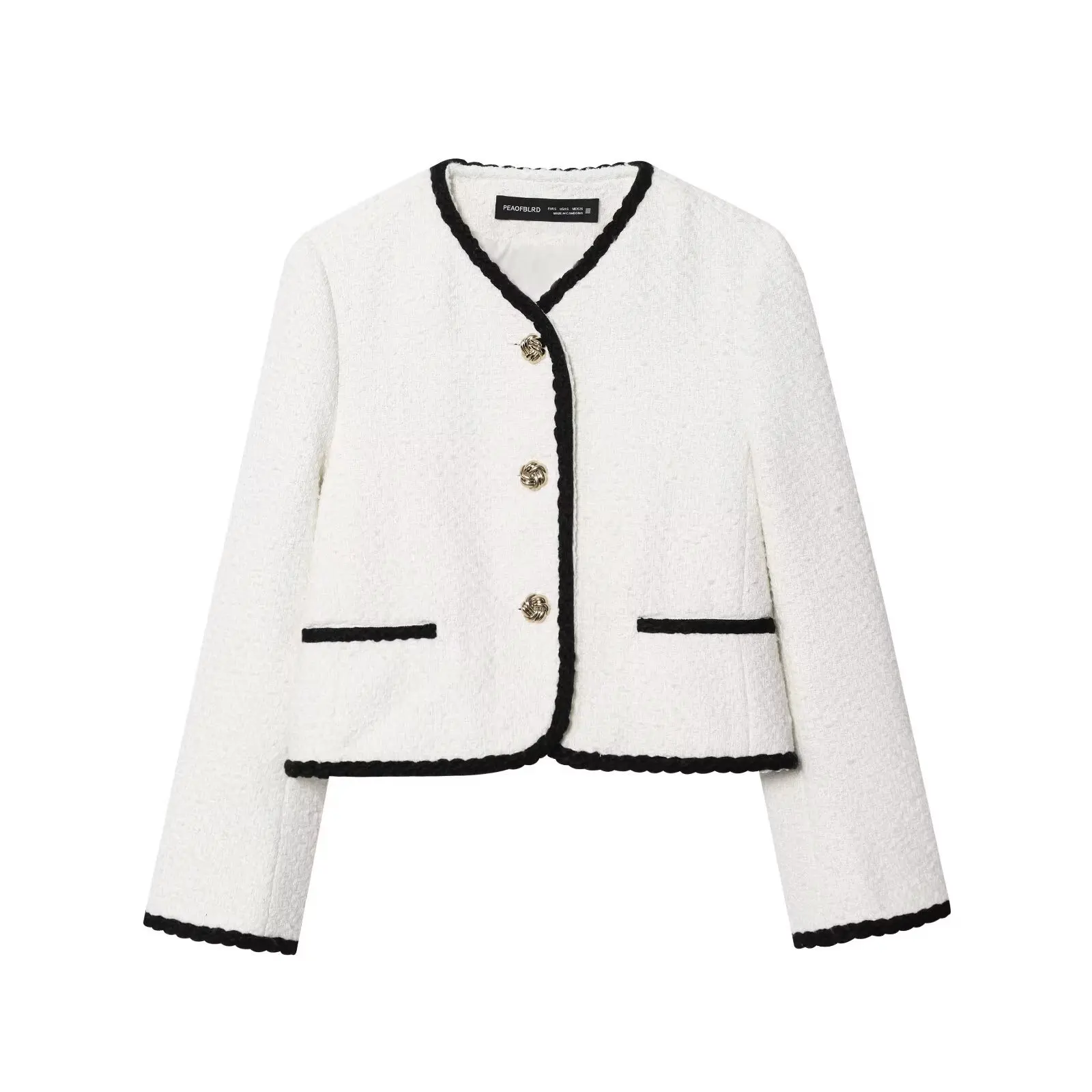 2025 New Little Fragrance Style Black White Piping Edge Short Jacket Metal Button Loop Pile Fabric Women Casual Fashion Top