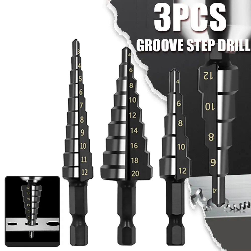 3Pcs HSS Droite Groove Étape Foret 3-12mm 4-12mm 4-20mm Nitrure Noir Hex Bois Métal Trou Cutter Core Outils De Forage Ensemble