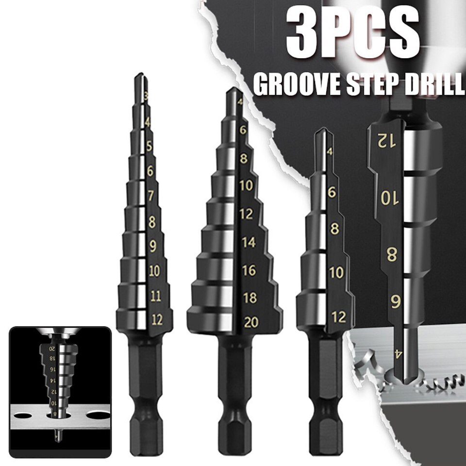  3Pcs HSS Straight Groove Step Drill Bit 3-12mm 4-12mm 4-20mm Nitride Black Hex Wood Metal Hole Cutter Core Drilling Tools Set 