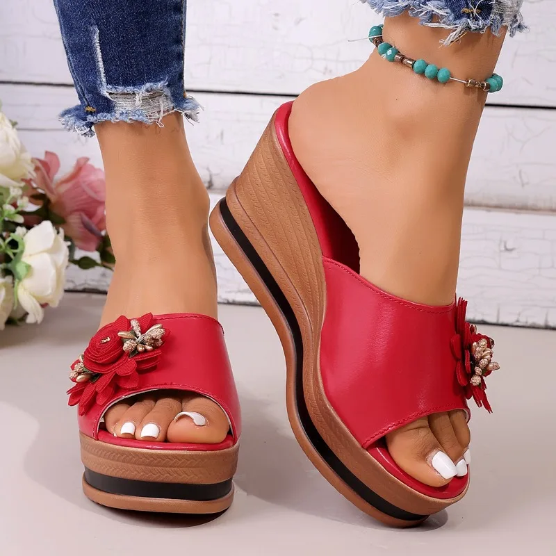 Summer Flower Decor Women Wedge Sandals 2026 New Retro Ethnic Style Thick Soled Female Shoes Trendy Casual Comfort Sandals