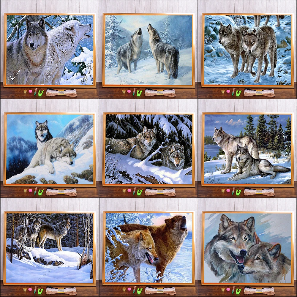 Meian Animal Snow Wolf Cross Stitch Kits Painting Embroidery Home Decoration DMC Cotton Thread Printed Canvas Needlework Set