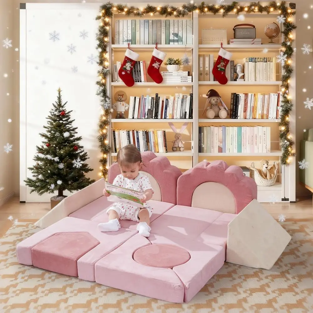 Toddler Foam Climbing Blocks Set, 13-Piece High-Density Play Structure, Washable Indoor Climbing Toys (Beige Pink)