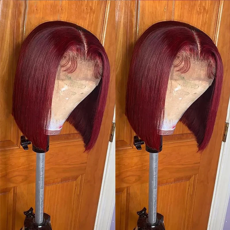 13x4 Short Bob Wig Human Hair 99J Dark Red Burgundy Color Full Frontal Bob Wigs Blunt Cut Bone Straight Front For Black Woman