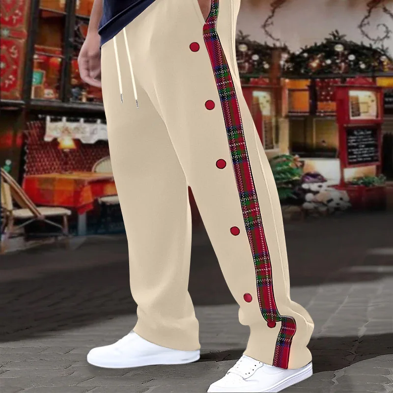New Men Plaid Button Straight Leg Pants, Casual Checked Long Trousers Stylish Outdoor Daily Wear for Men