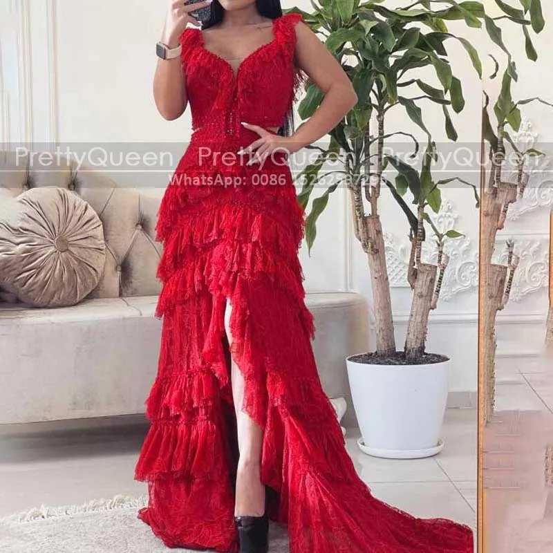 Customized Red Lace Prom Dresses Tiered Mermaid Side Split Square Neck Cut-Out Waist Long Sheath Pageant Dress Party For Women