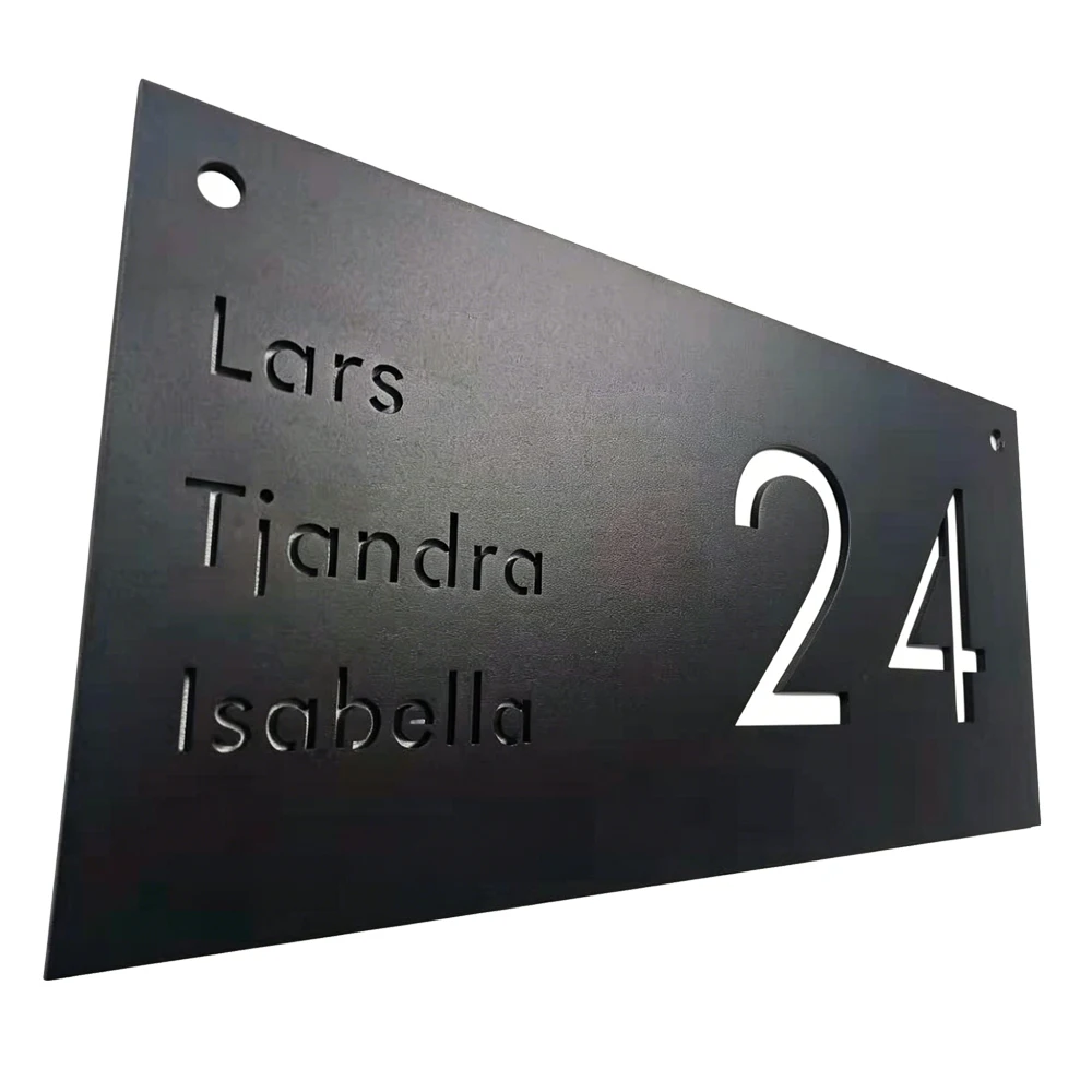 Custom Powder Coated Matte Black Stainless Steel House Number Sign Family Name Door Plate Modern Waterproof Address Plaque