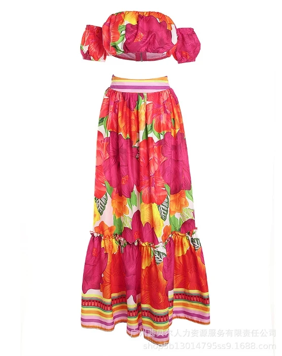 Two Piece Set Women Outfit 2024 Summer Colorful Floral Print Strapless Short Sleeve Crop Top & Casual High Waist Long Skirt Set
