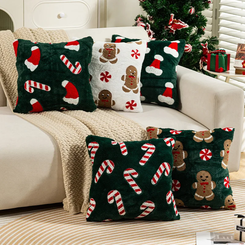Christmas Plush Cushion Cover Christmas Embroidery Throw Pillow Cover Festive Holiday Party Sofa Couch Home Decor Pillowcase