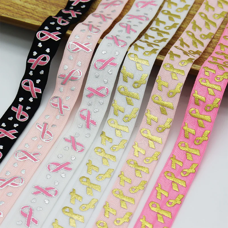 

5/8" 15mm Gold Foil AIDS Breast Cancer Awareness Print FOE Band Spandex Fold Over Elastic For Bracelet Hair Tie Sewing Trim