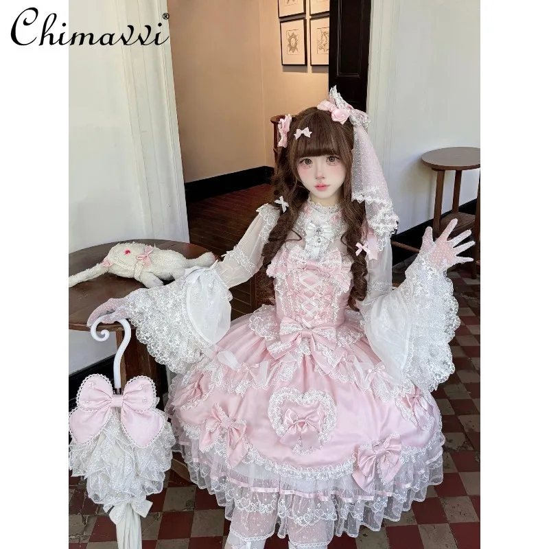

Original Lolita Pink JSK Dress Sweet Women Girls High Waist Slim Fit Cute Bow Lace Birthday Party Elegant Y2k Princess Dress