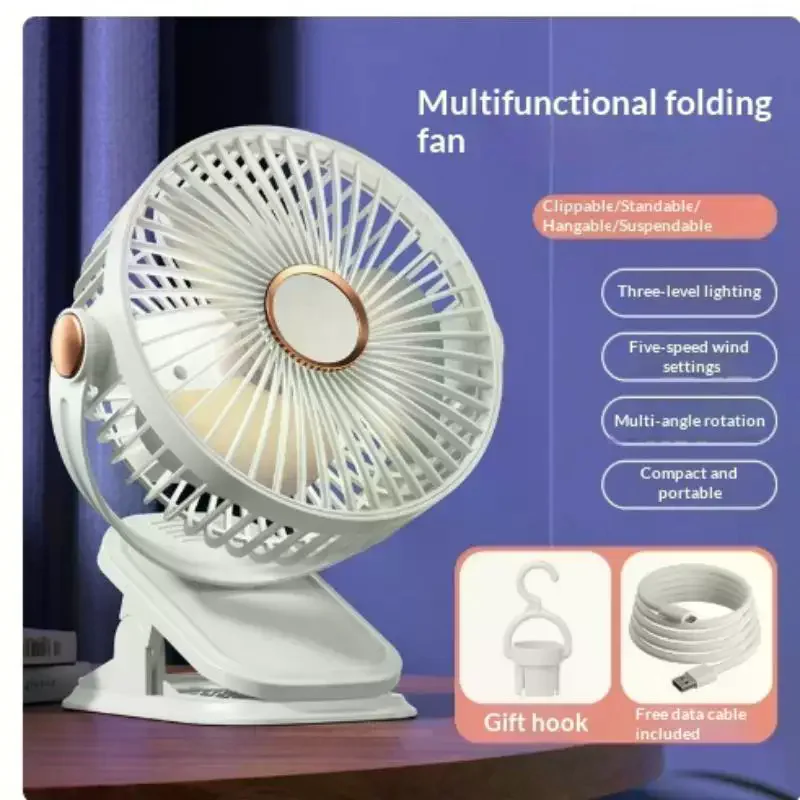 Portable Multifunctional Folding Clip Fan 5 Wind Speeds 3 Level Lighting Home Desk Office Camping