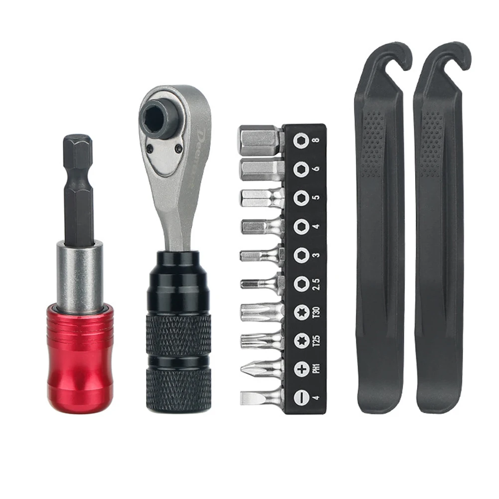 

Набор инструментов для ремонта: трещоточный ключ, отвертка, лопатки для шин, многофункциональный комплект в кейсе