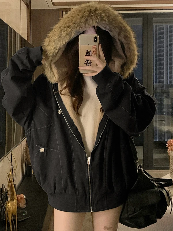 

Ретро-американская женская парка, короткая хлопковая куртка с имитацией кроличьего меха, зимняя модная верхняя одежда Cleanfit