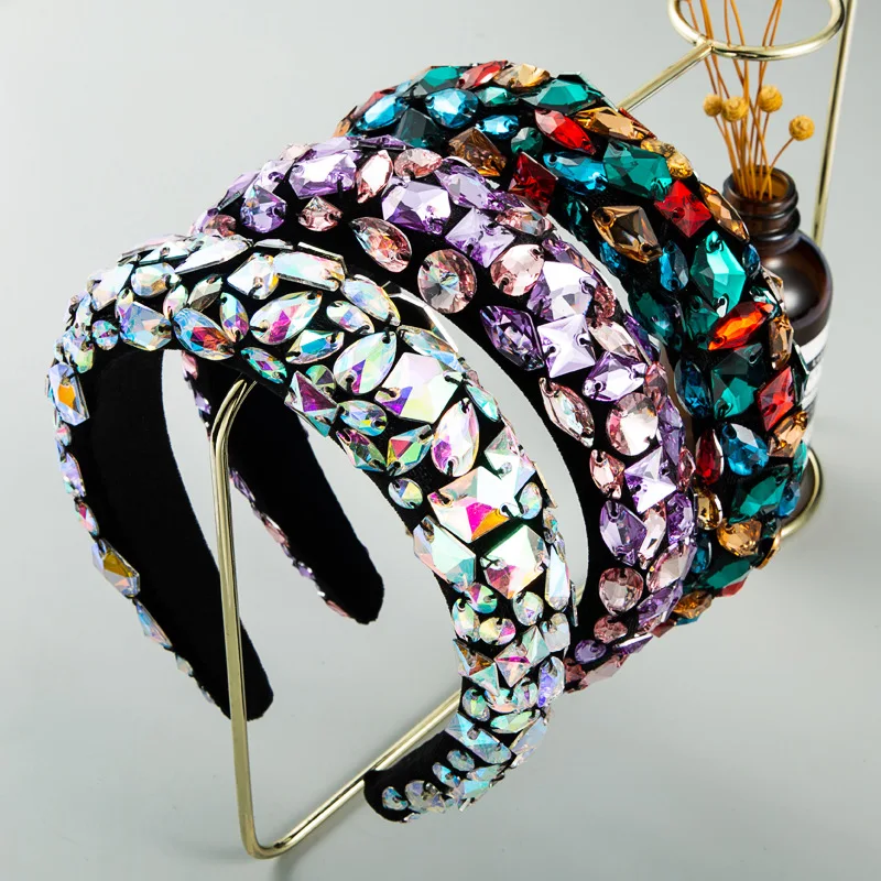 

European and American Baroque Fashion Golden Velvet Color Full Diamond Wide Edge Headband Women's Hair Accessories