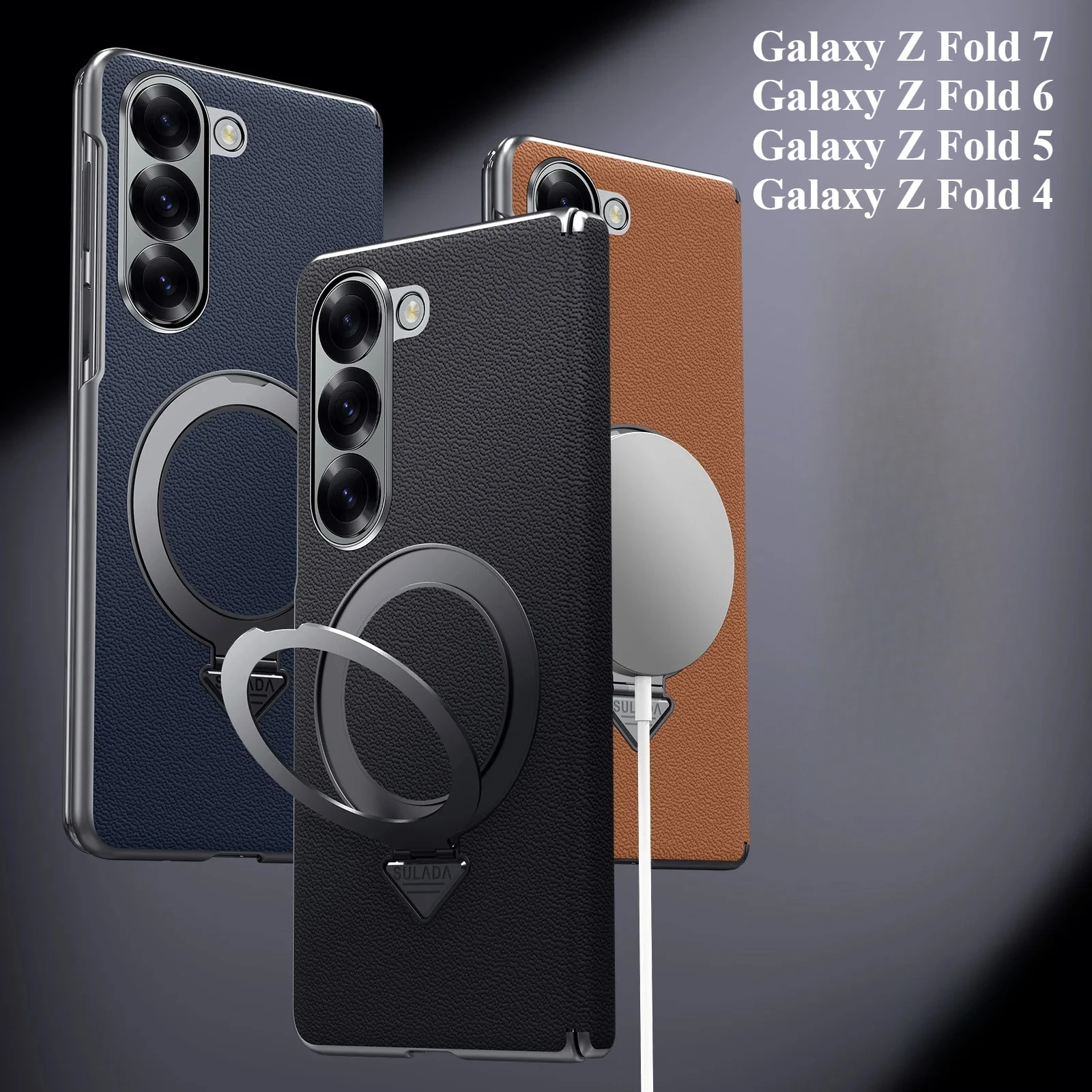 

For Samsung Galaxy Z Fold 7 6 5 Case High Quality Cowhide Matte Leather Strong Magnetic Rotating Ring Holder Folding Hinge Cover