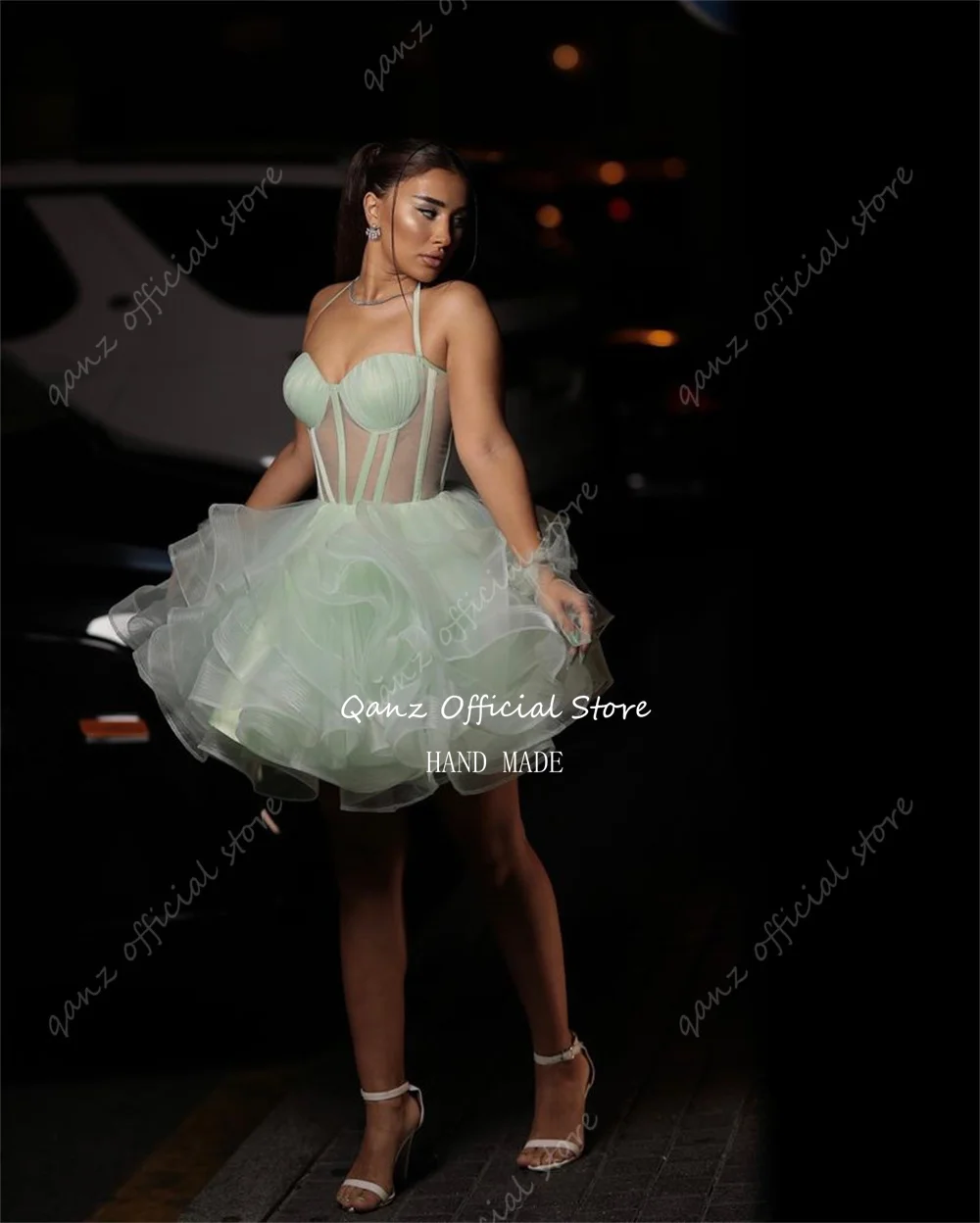 Qanz Abiti da compleanno verde salvia Donna Tulle Senza spalline Abiti da ballo per ragazze Abito corto Abiti da notte per feste Personalizzati