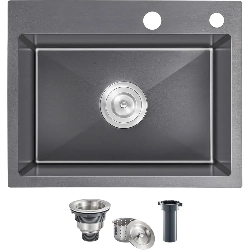 

24 Inch Drop-in Single Bowl Kitchen Sink Black, 304 StainlSteel Handmade Topmount Kitchen Bar Residential Sink, D24"xW18"xH9"