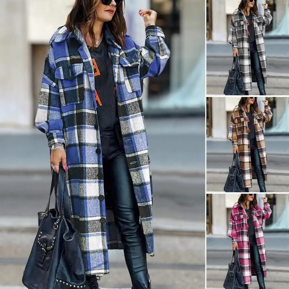 Women Jacket Lapel Color Matching Plaid Print Thick Coat Loose Long Sleeve Mid Length Streetwear Lady Commute Coat