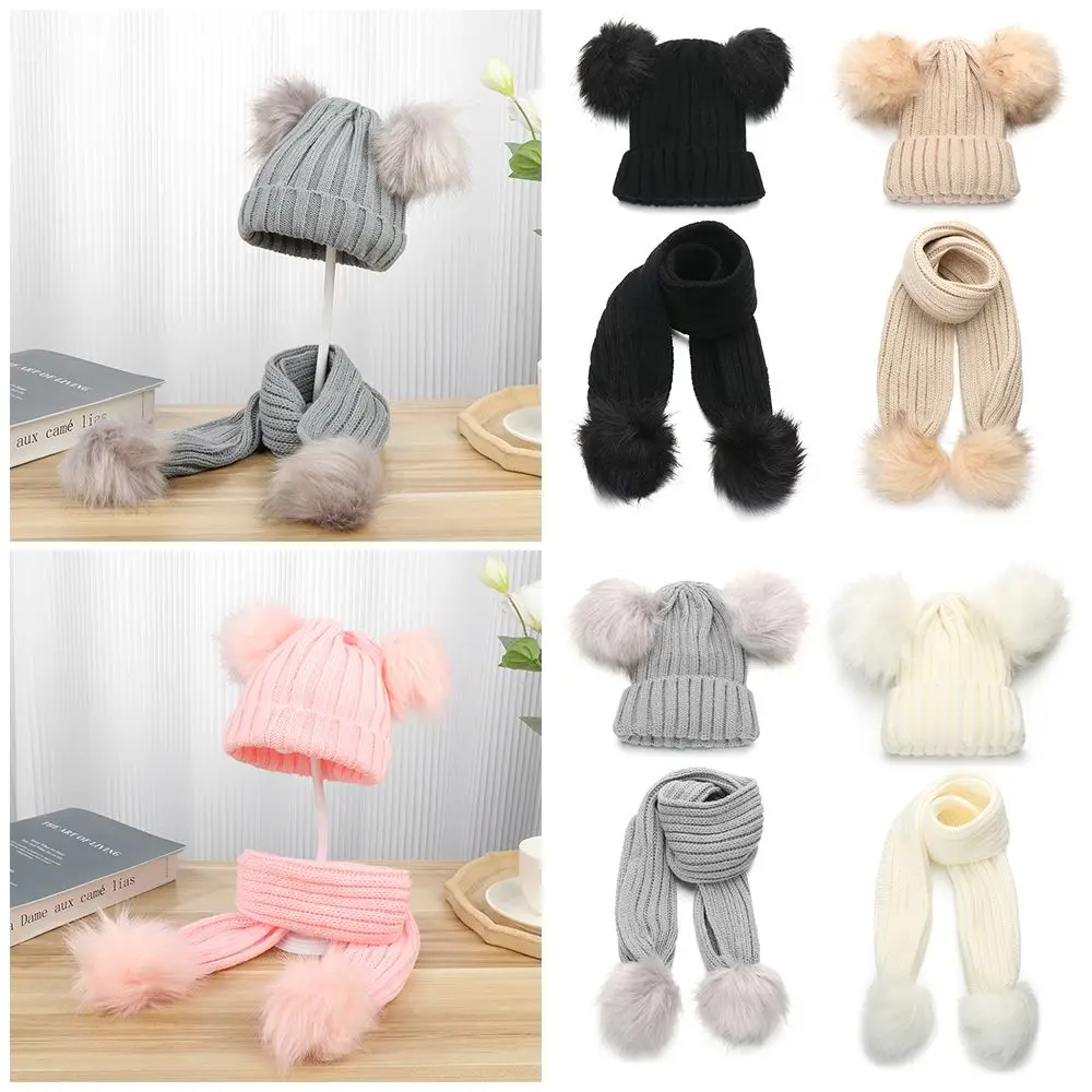 2PCS Winter Lovely Double Ball Scarf Pom Bobble Hat Toddler Hat Knit Hats Scarf Beanie Cap